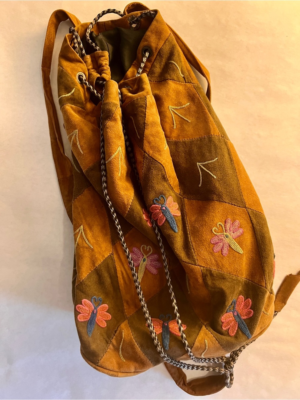 Vintage Boho Patchwork Suede Backpack Distressed Butterfly Embroidered As Is - Picture 6 of 10